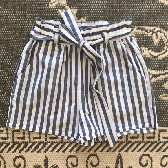 Blue and White Paper Bag Shorts - Picture 1 of 5